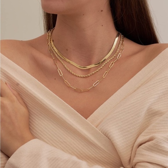 Gold 14k Gold Plated 3pc Paperclip Herringbone Necklace Set